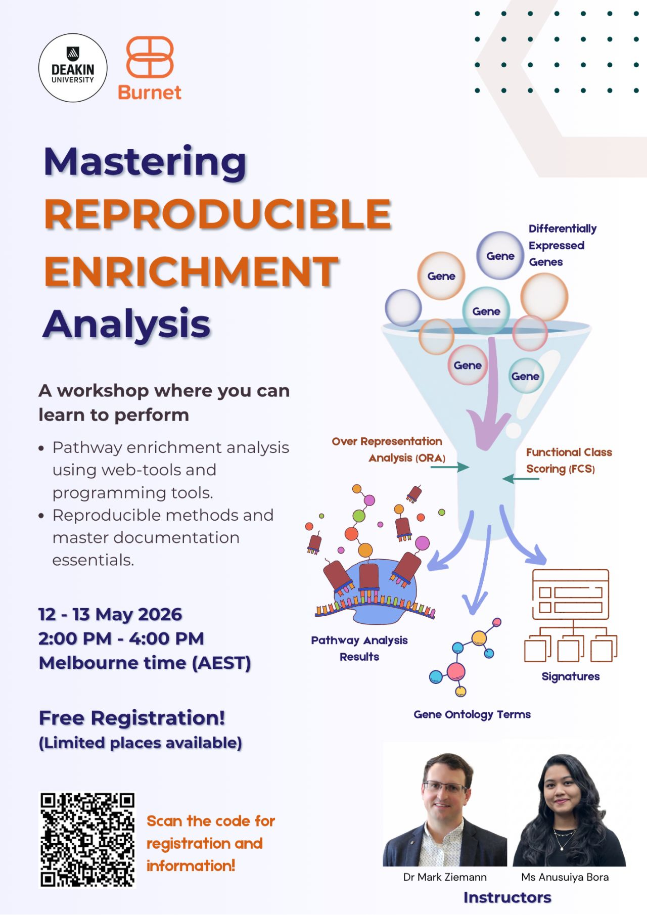 Logo Title Text 1 Workshop flyer with the details including photo of presenters Anusuiya Bora and Mark Ziemann